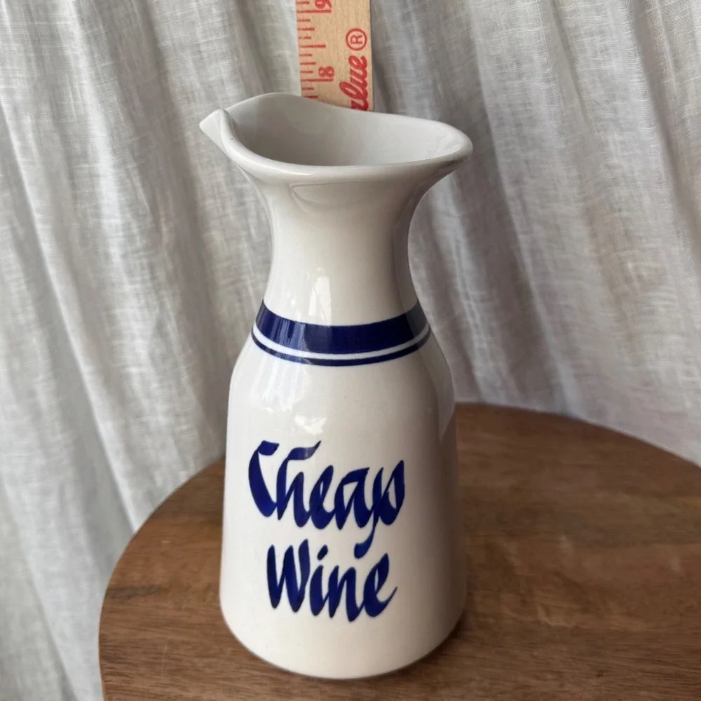 Vintage 70s Decanter Cheap Wine Carafe 8in White Blue Ceramic Novelty Barware